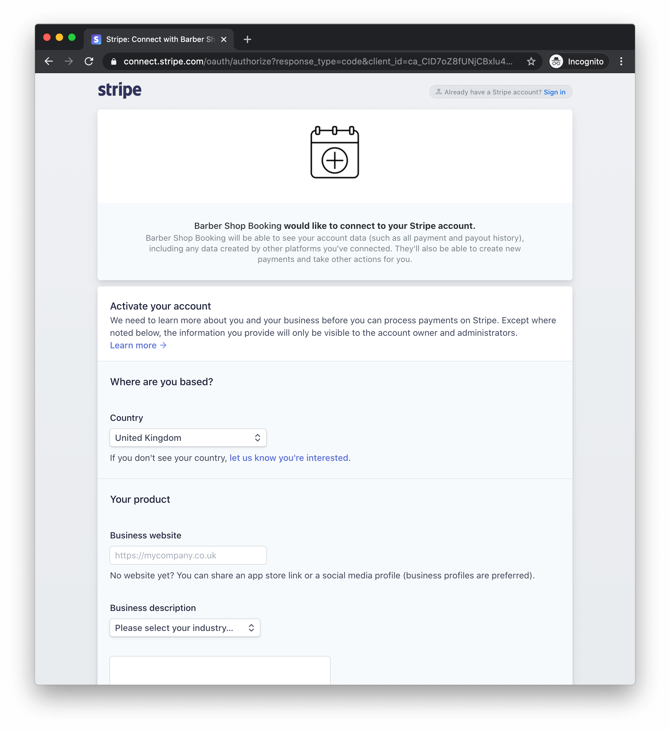 The Stripe application form