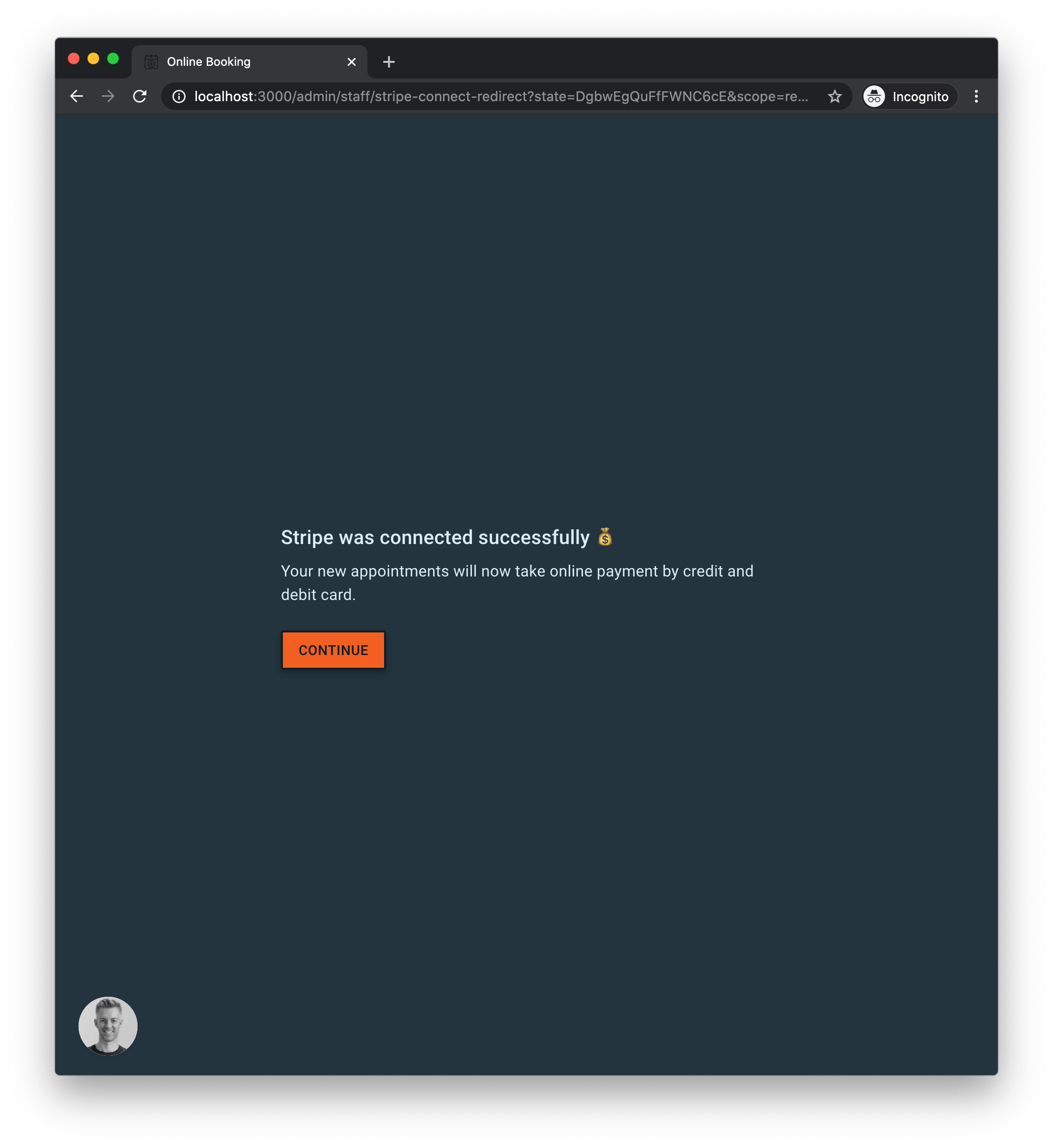 The message when Stripe is connected to Barber Shop Booking