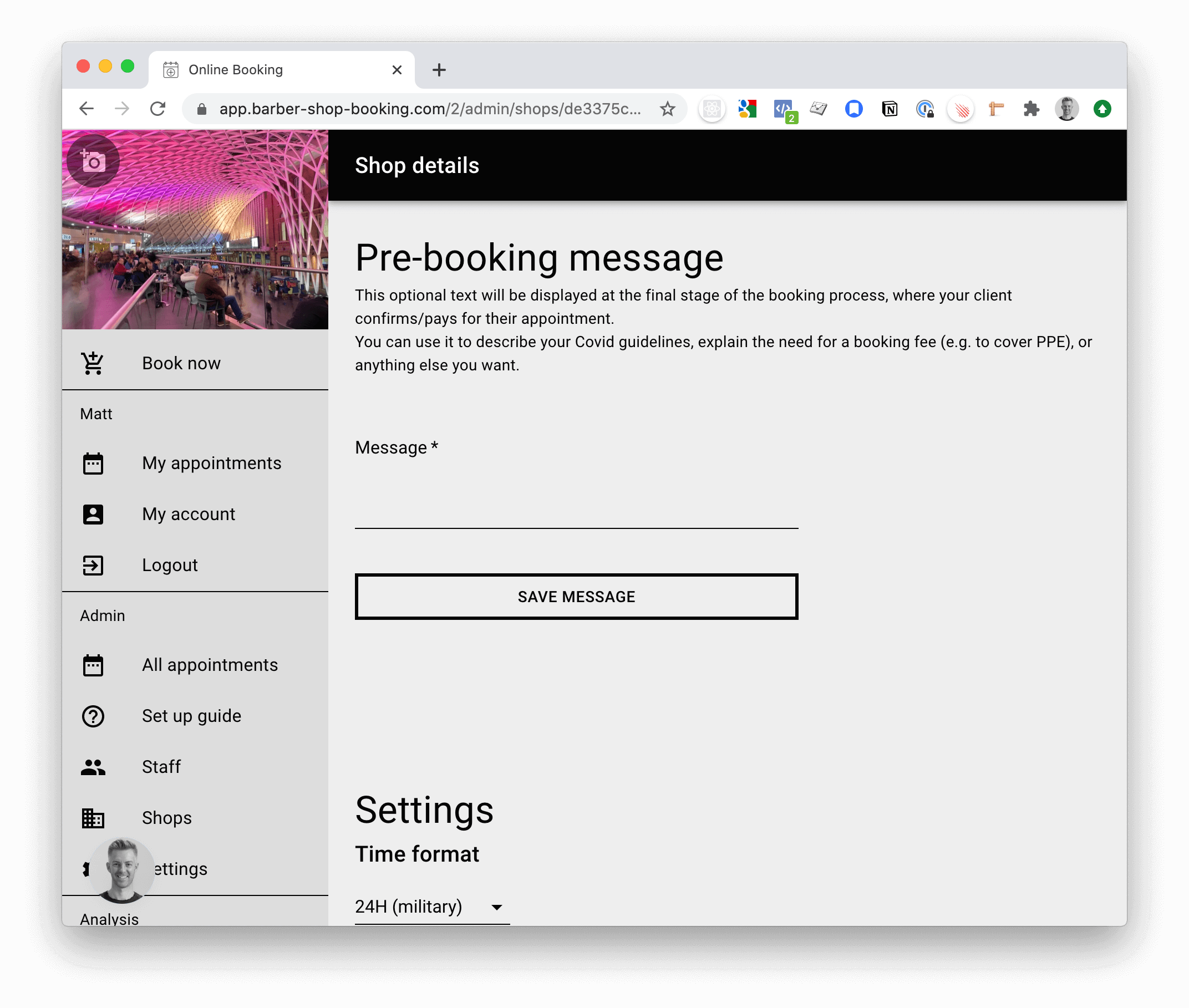 The shop settings screen